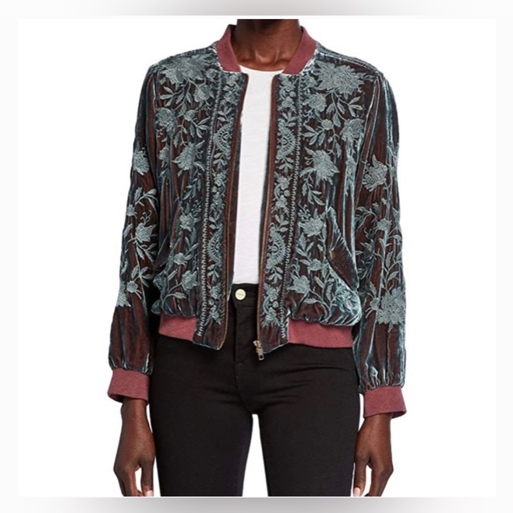 Johnny Was:Teal/Burgundy Bomber Jacket with Ornate Embroidery